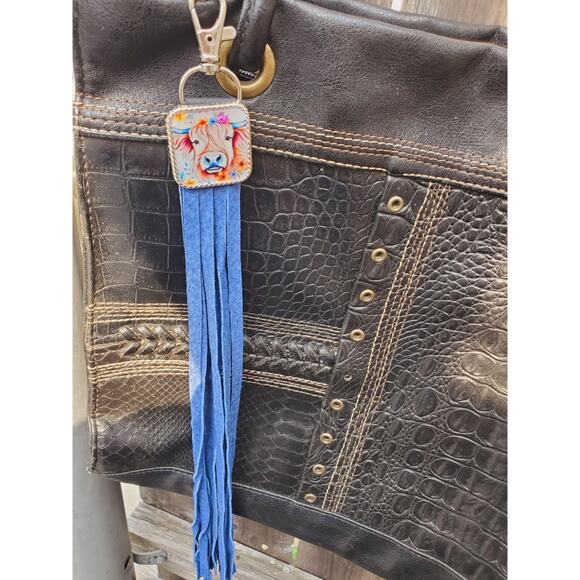 Handmade cow lover boho Leather Fringe Western bag charm, Long fringe keychain - Picture 1 of 4
